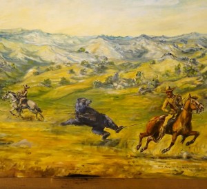 Capturing a grizzly for use in "bull and bear bating"—painting from Mission San Miguel