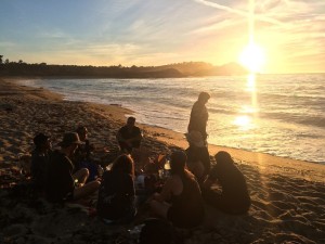 Walkers decompressing on the beach after leaving Carmel Mission